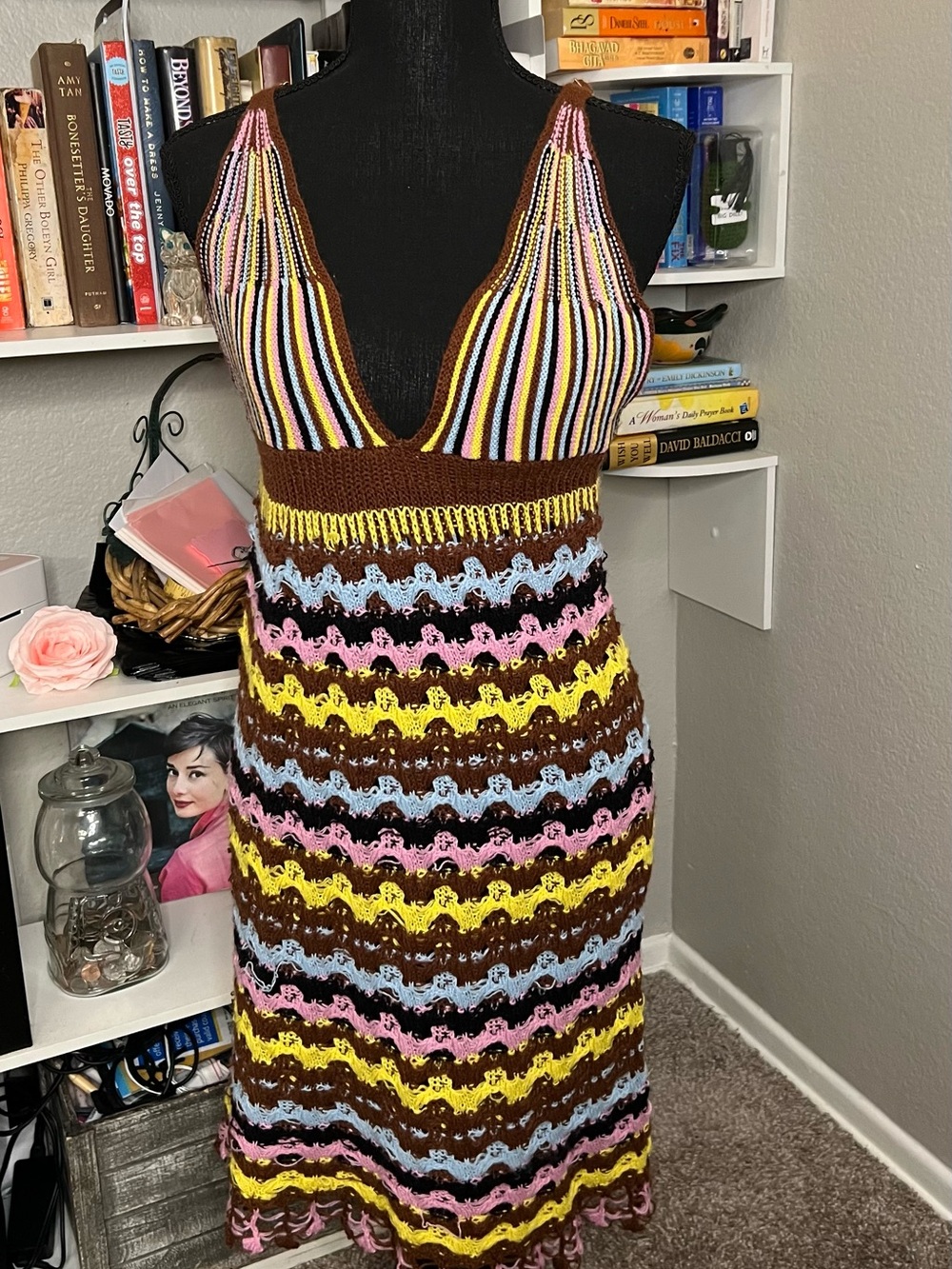 Crochet Halter Midi Dress in Brown with Pink, Blue & Yellow Stripes